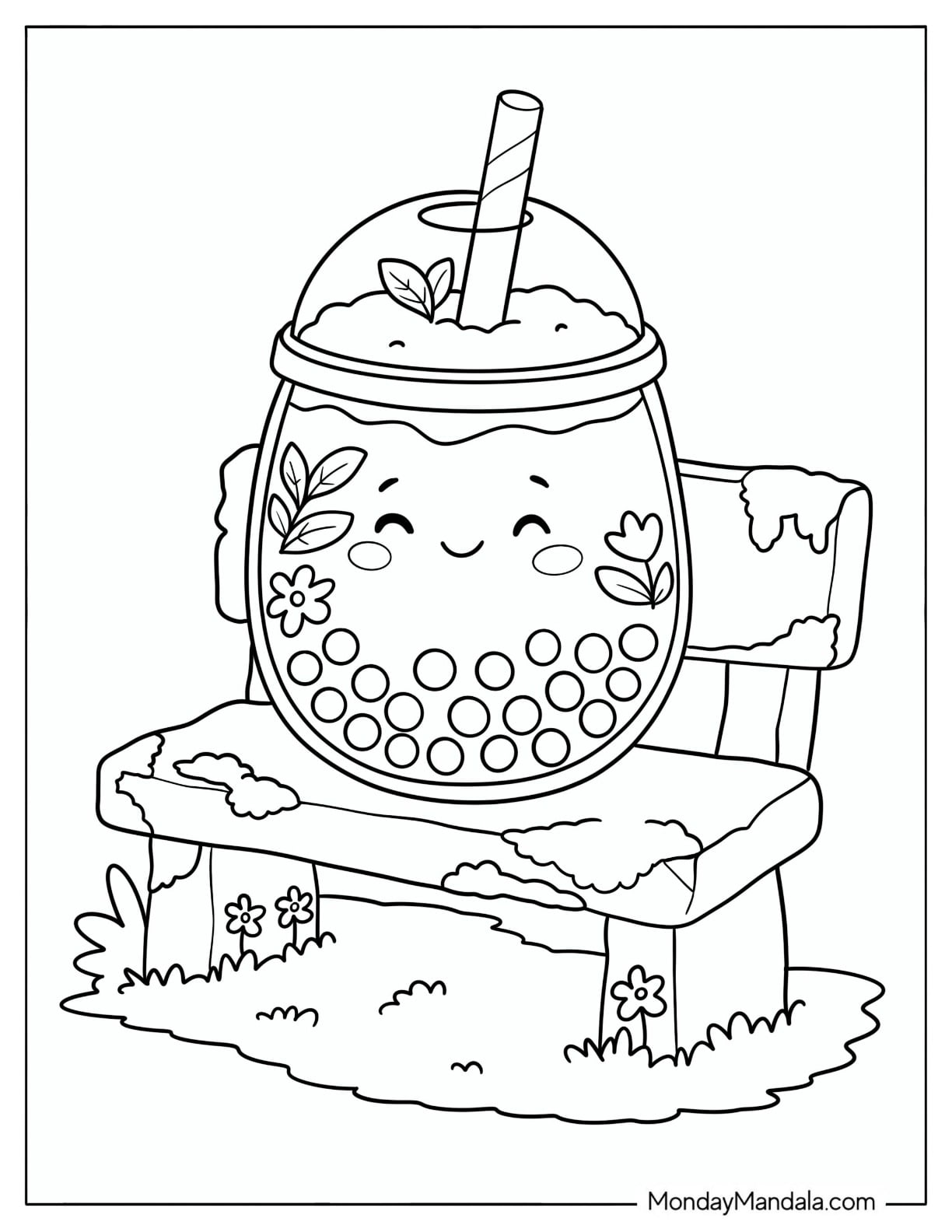 Smiling Boba Tea on a Mossy Bench Coloring Page for Kids