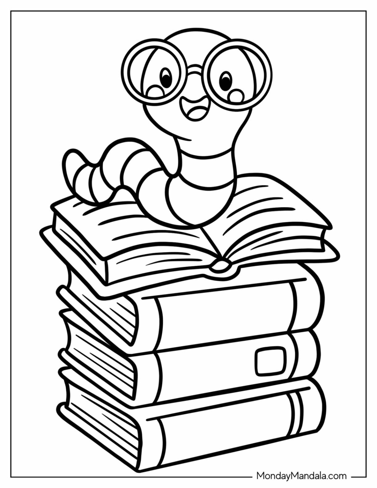 Smiling Bookworm on Library Coloring Page Books for Preschoolers