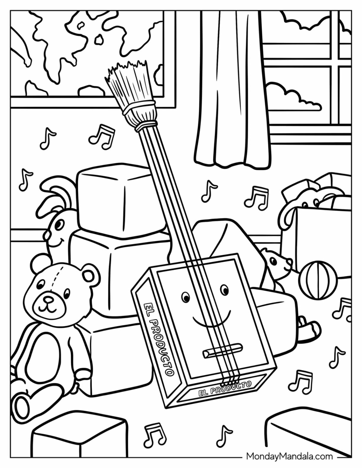 Smiling Broom Guitar Coloring Page Toy in a Playroom