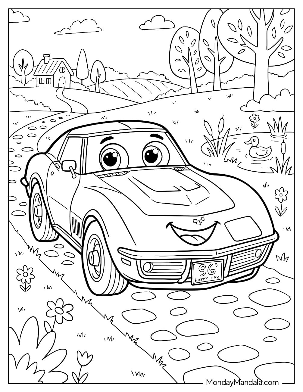 Smiling Cartoon Corvette Coloring Page for Kids
