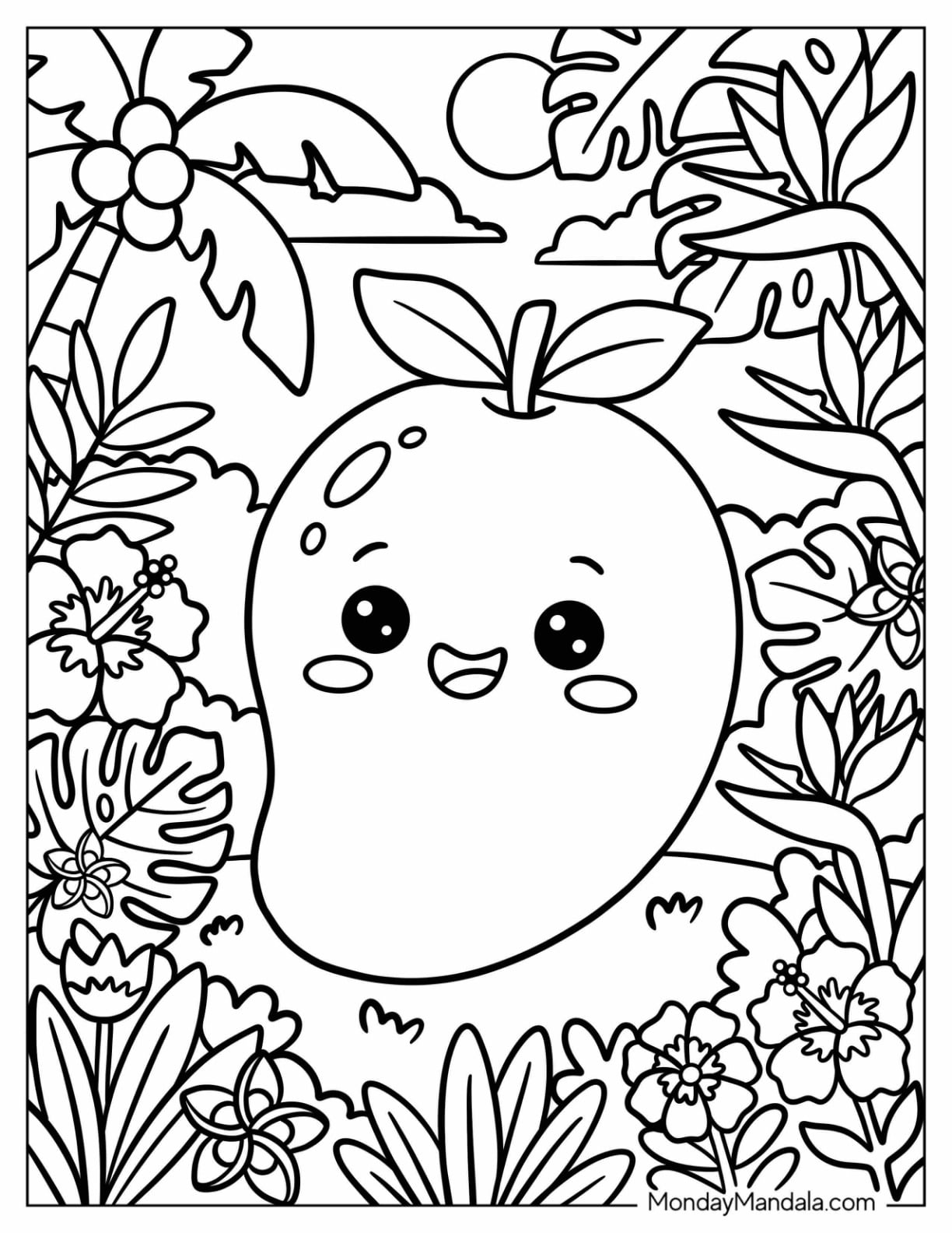 Smiling Cartoon Mango in the Jungle Coloring Sheet
