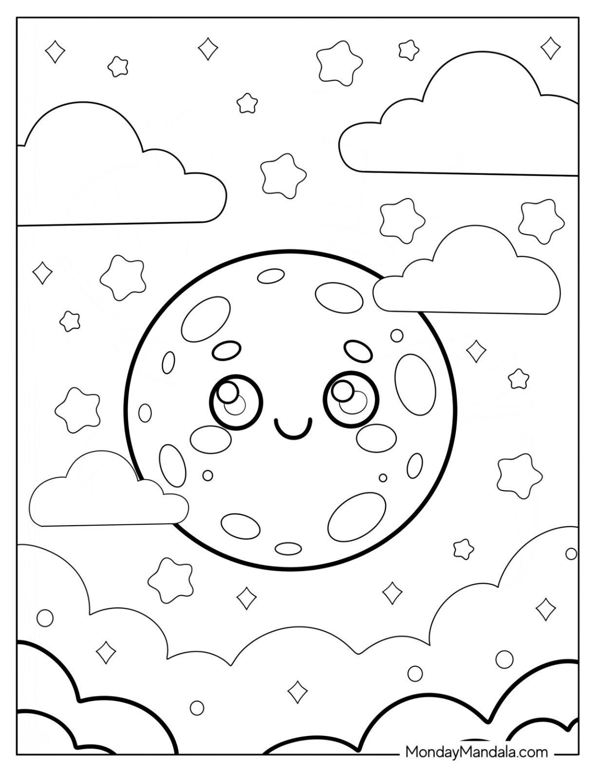 Smiling Cartoon Moon Coloring Page Surrounded by Stars and Clouds for Preschoolers