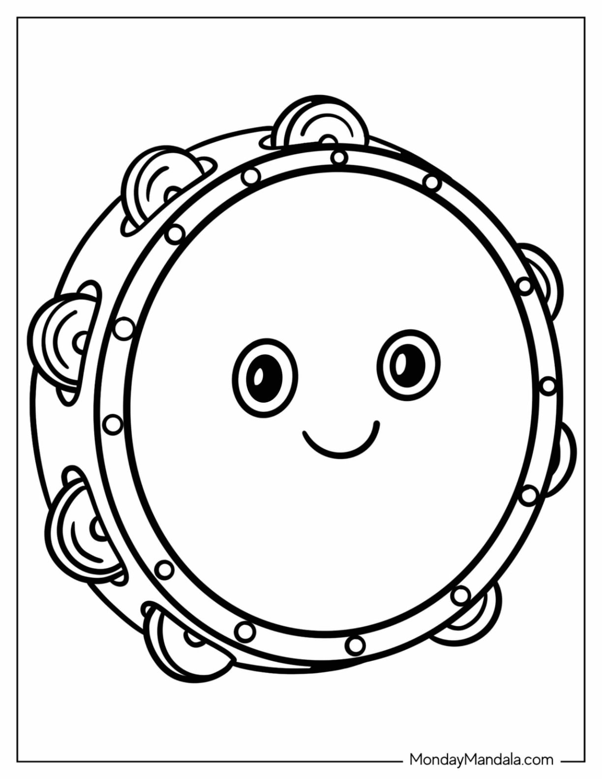 Smiling Cartoon Tambourine Coloring Sheet for Kids