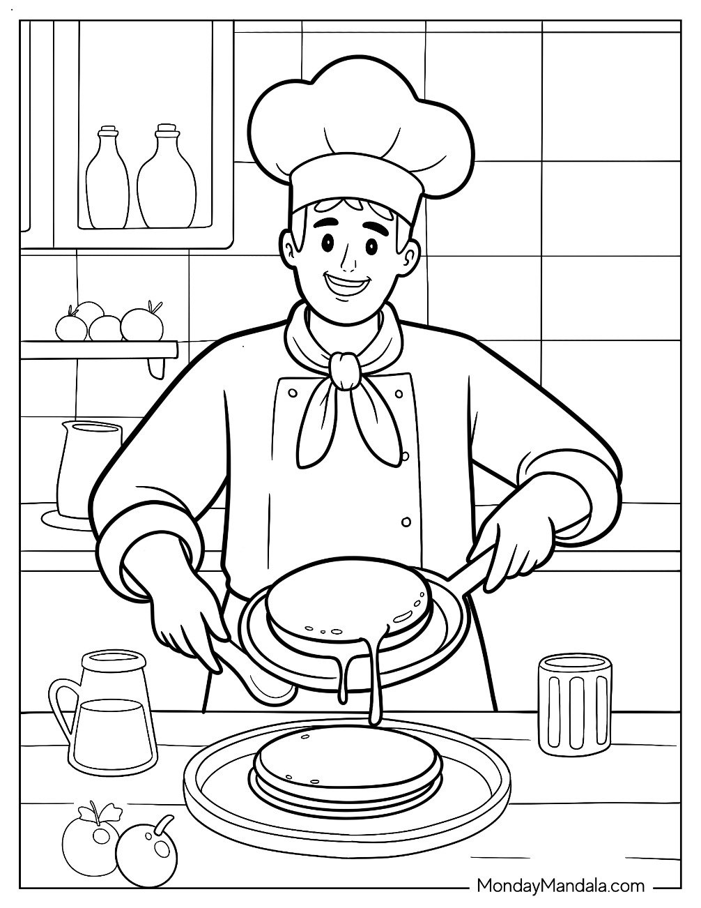 People Coloring Page of Smiling Chef Cooking Pancakes