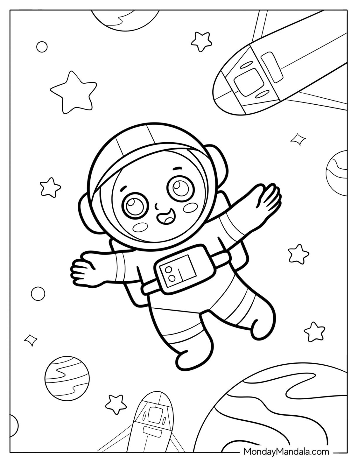 Smiling Child Astronaut Floating in Space with Planets and Shuttles Coloring Page For Preschoolers