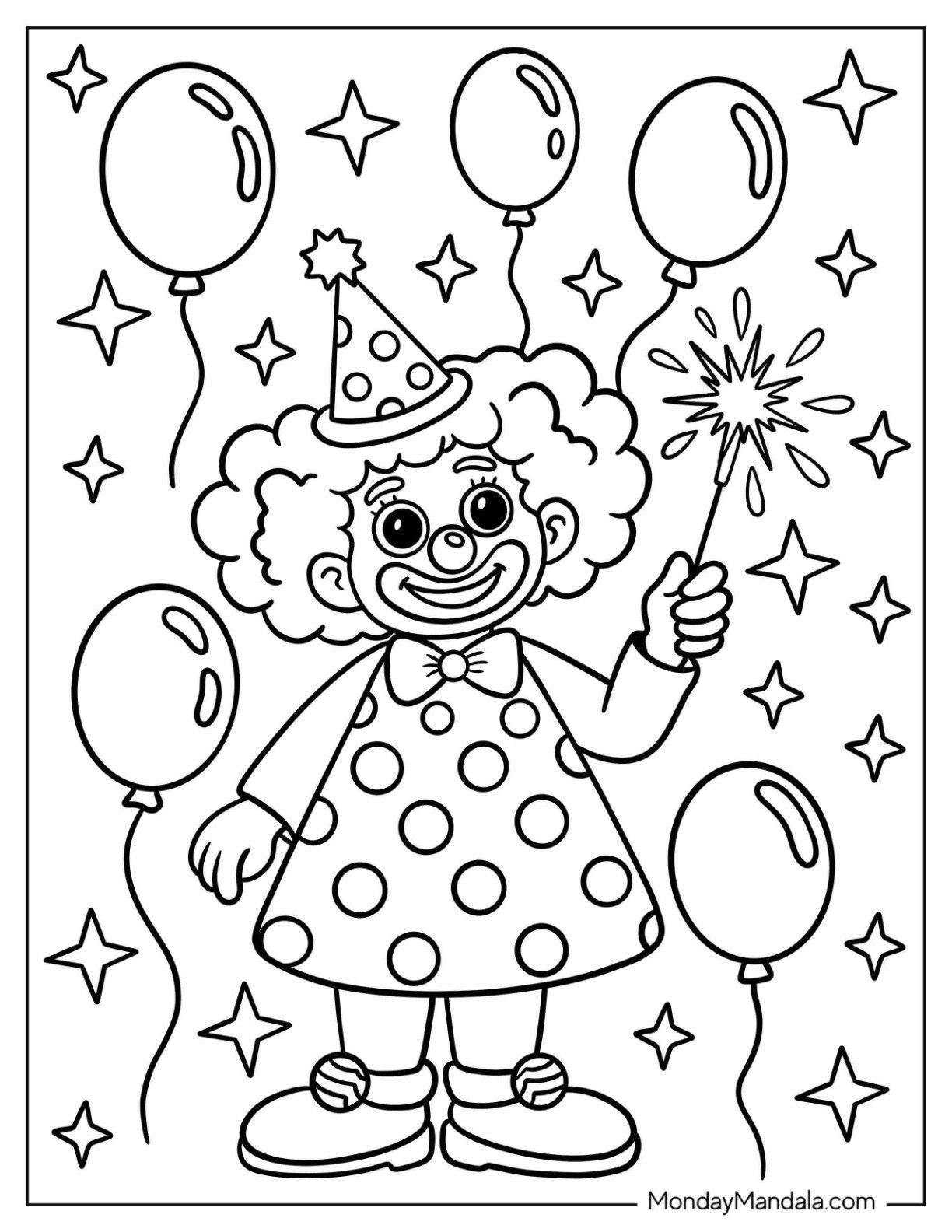 Smiling Clown Coloring Page Holding Up A Sparkler Surrounded By Balloons