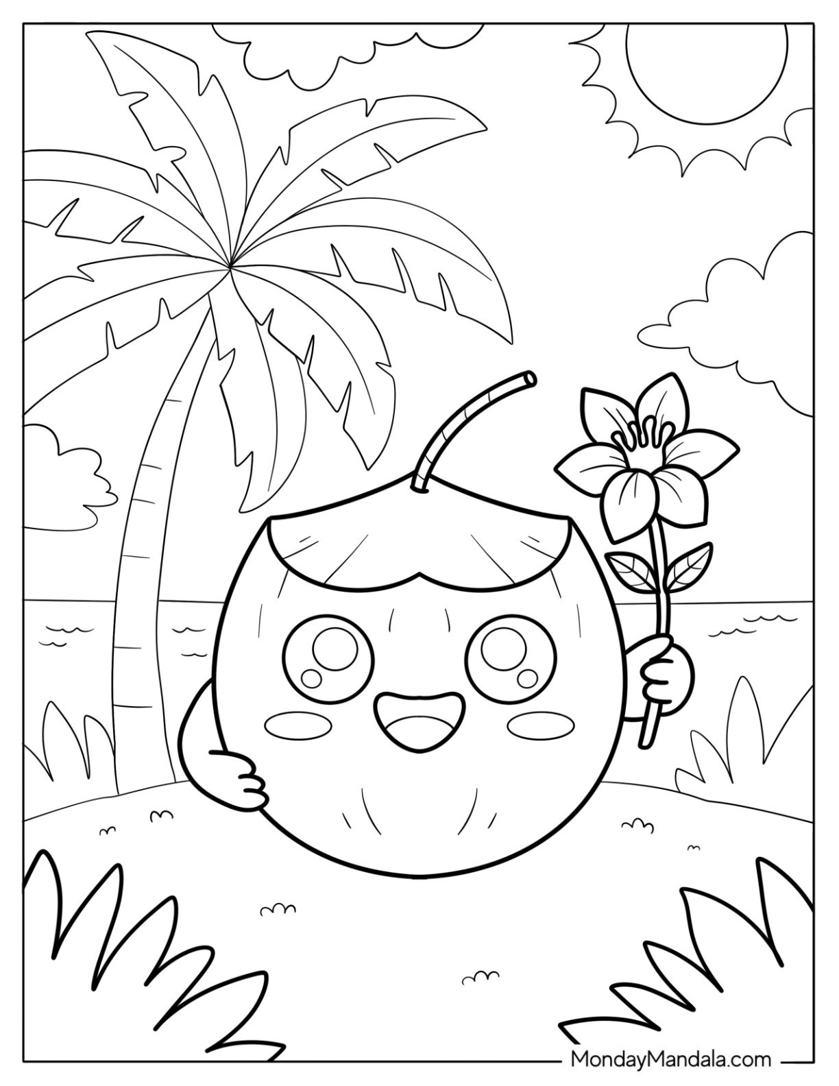 Smiling Coconut Holding a Flower on Sunny Beach with Palm Tree Coloring Page for Kids