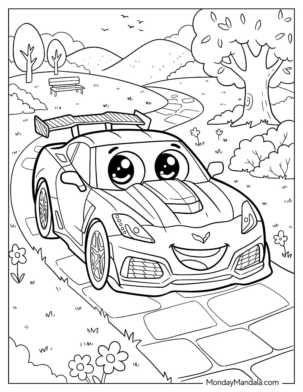 Smiling Corvette Driving on a Road Coloring Sheet