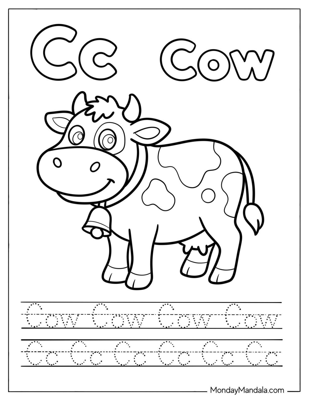 Smiling Cow with Letter C Coloring Page Traceable Worksheet