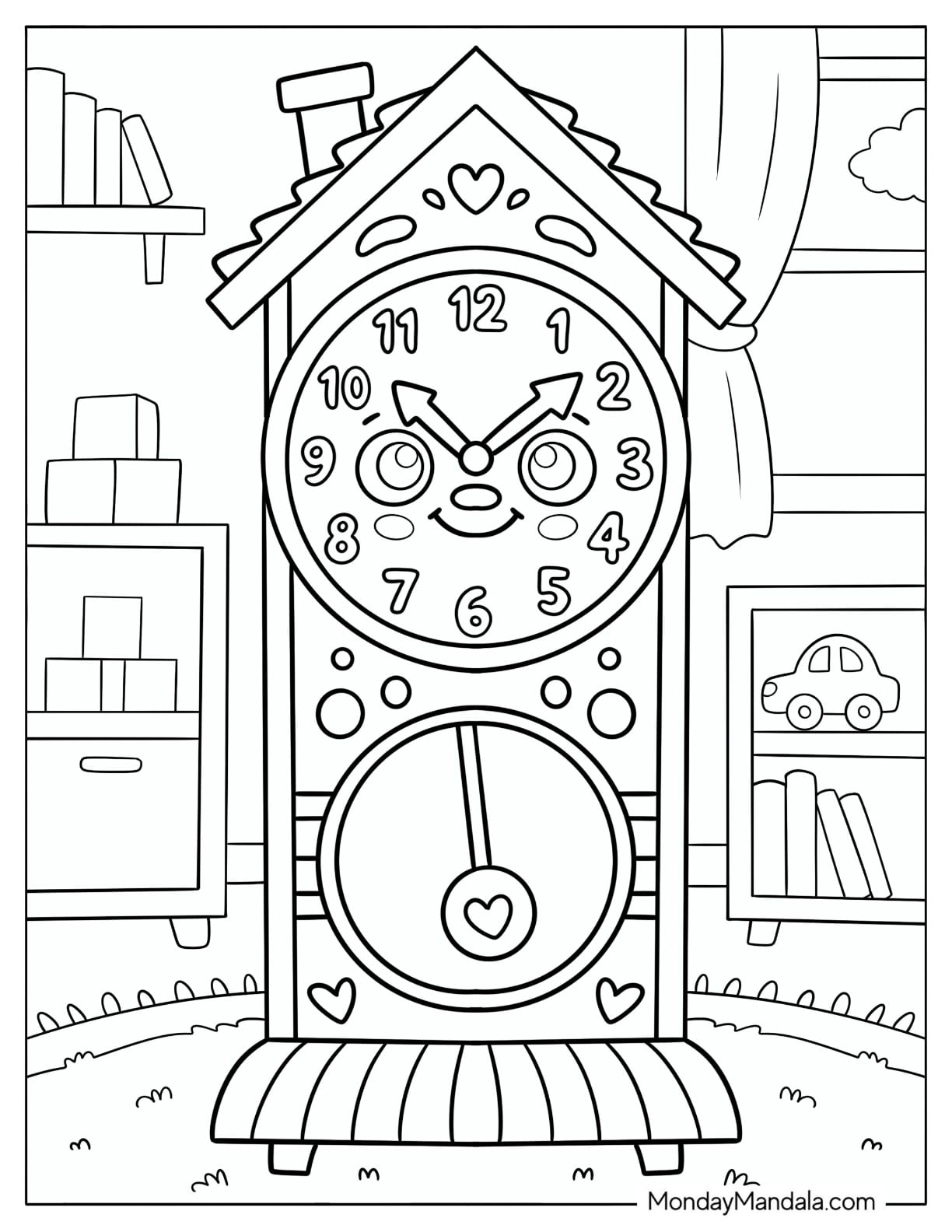 Smiling Cuckoo Clock with Heart Decorations Coloring Page