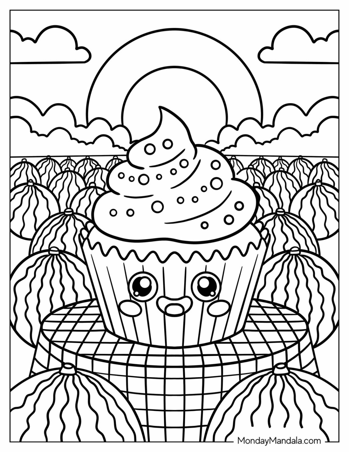 Smiling Cupcake in a Watermelon Coloring Page Field at Sunset for Kids