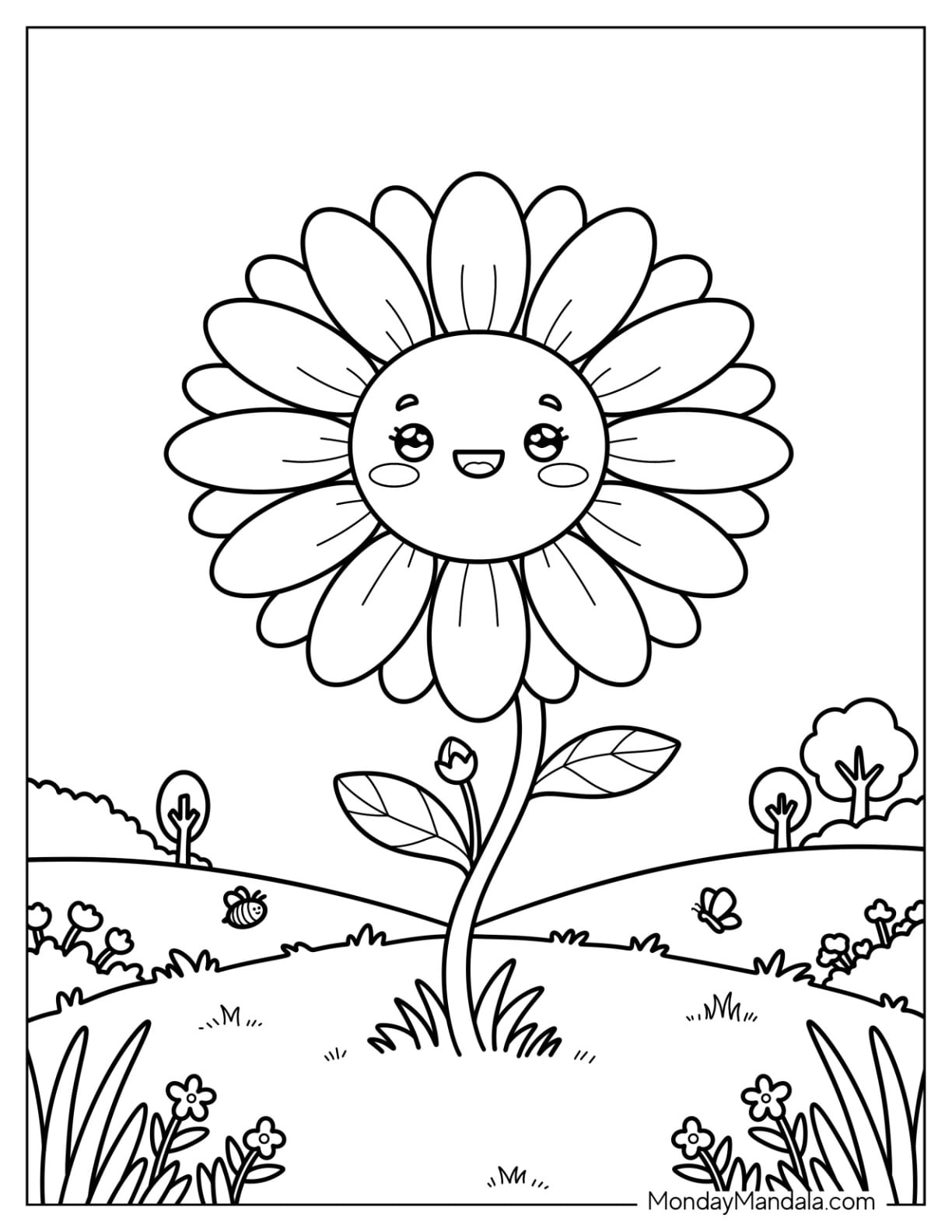 Smiling Daisy in a Spring Meadow Coloring Page for Kids