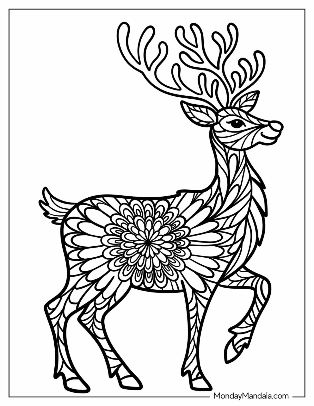 Smiling Deer Christmas Mandala Coloring Page