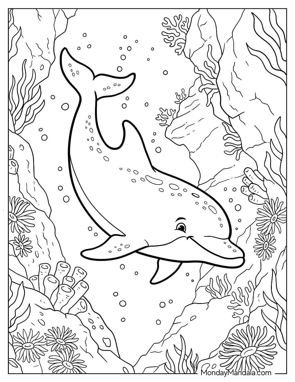 Smiling Dolphin Swimming Through an Underwater Coral Canyon Coloring Sheet
