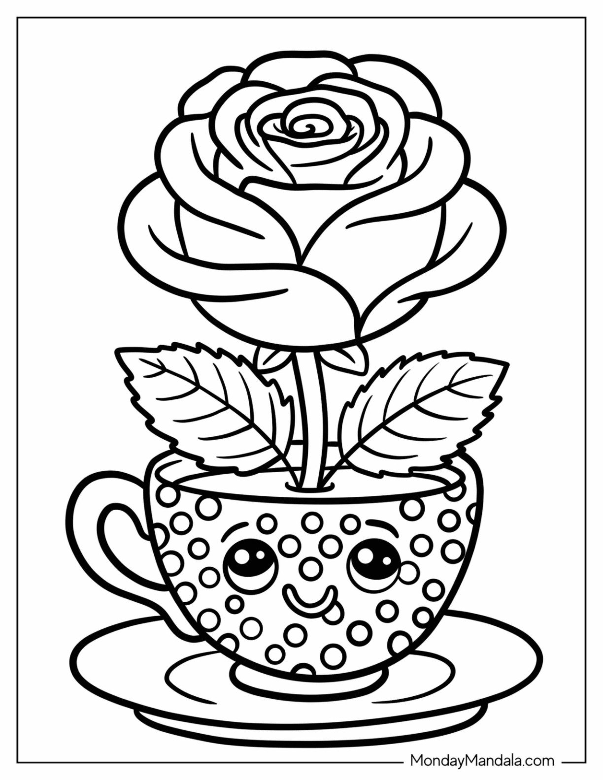Smiling Dotted Teacup with Rose Coloring Page Inside for Kids