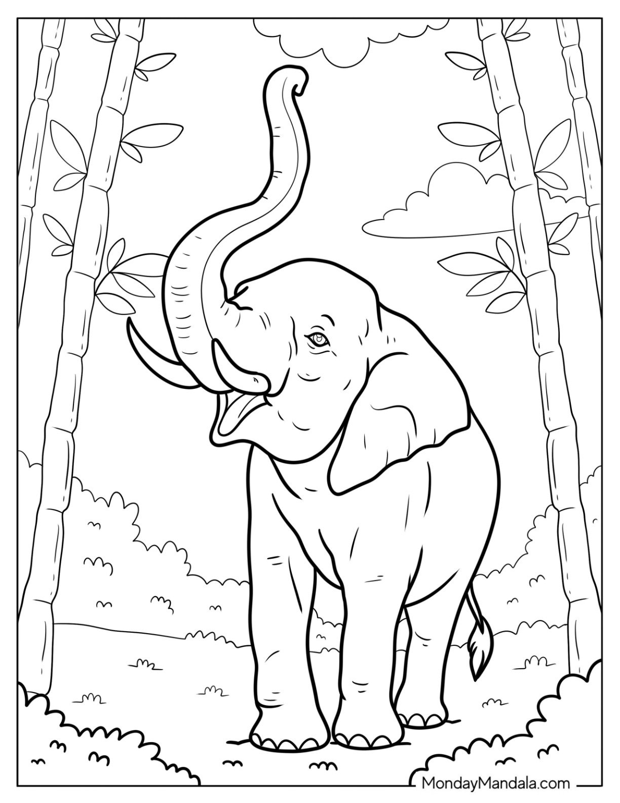 Smiling Elephant Coloring Page with Raised Trunk in Bamboo Forest