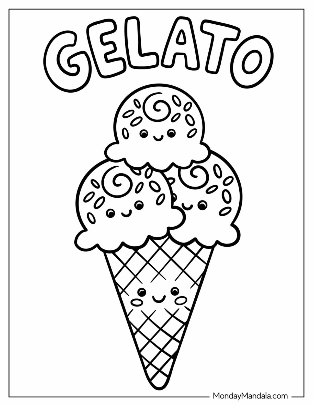 Italy Coloring Page of Smiling Gelato Cone for Kids