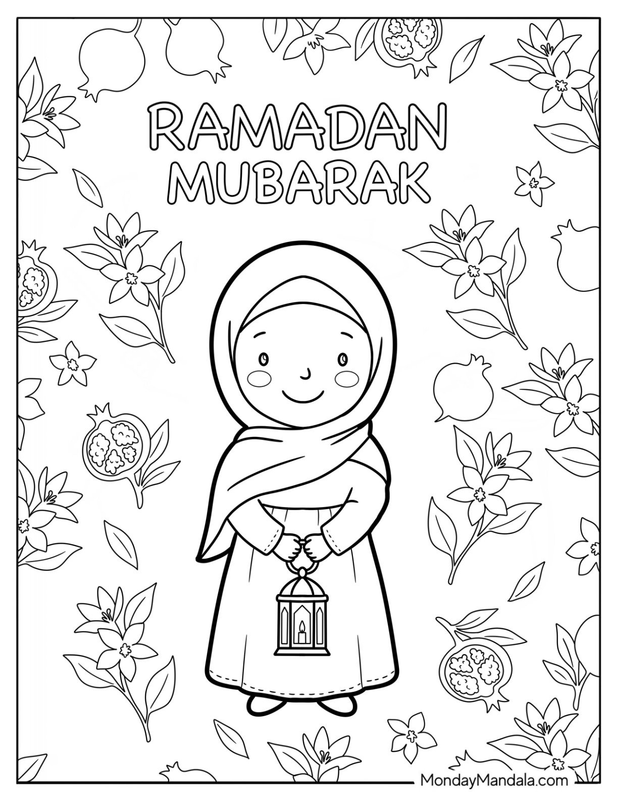 Ramadan Coloring Page of Smiling Girl in a Hijab Holding a Lantern During Ramadan for Kids