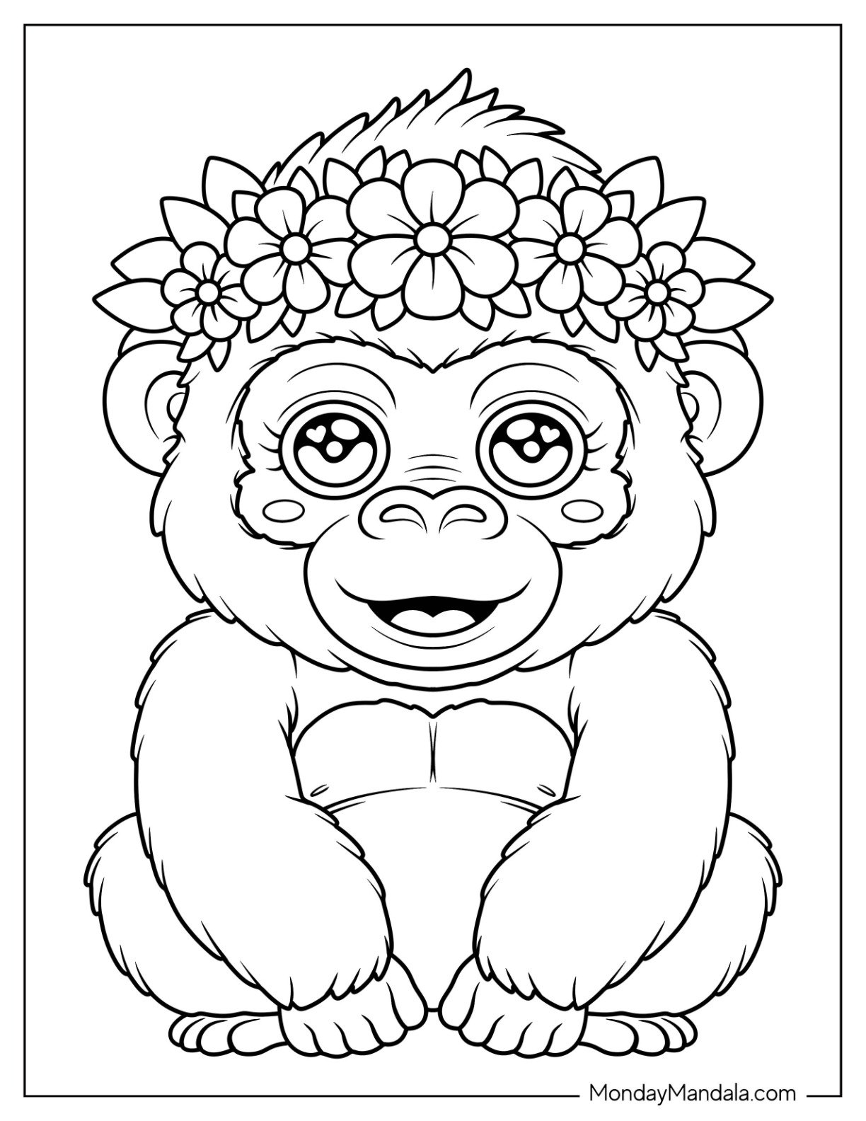 Smiling Gorilla Coloring Page with Floral Headband for Preschoolers
