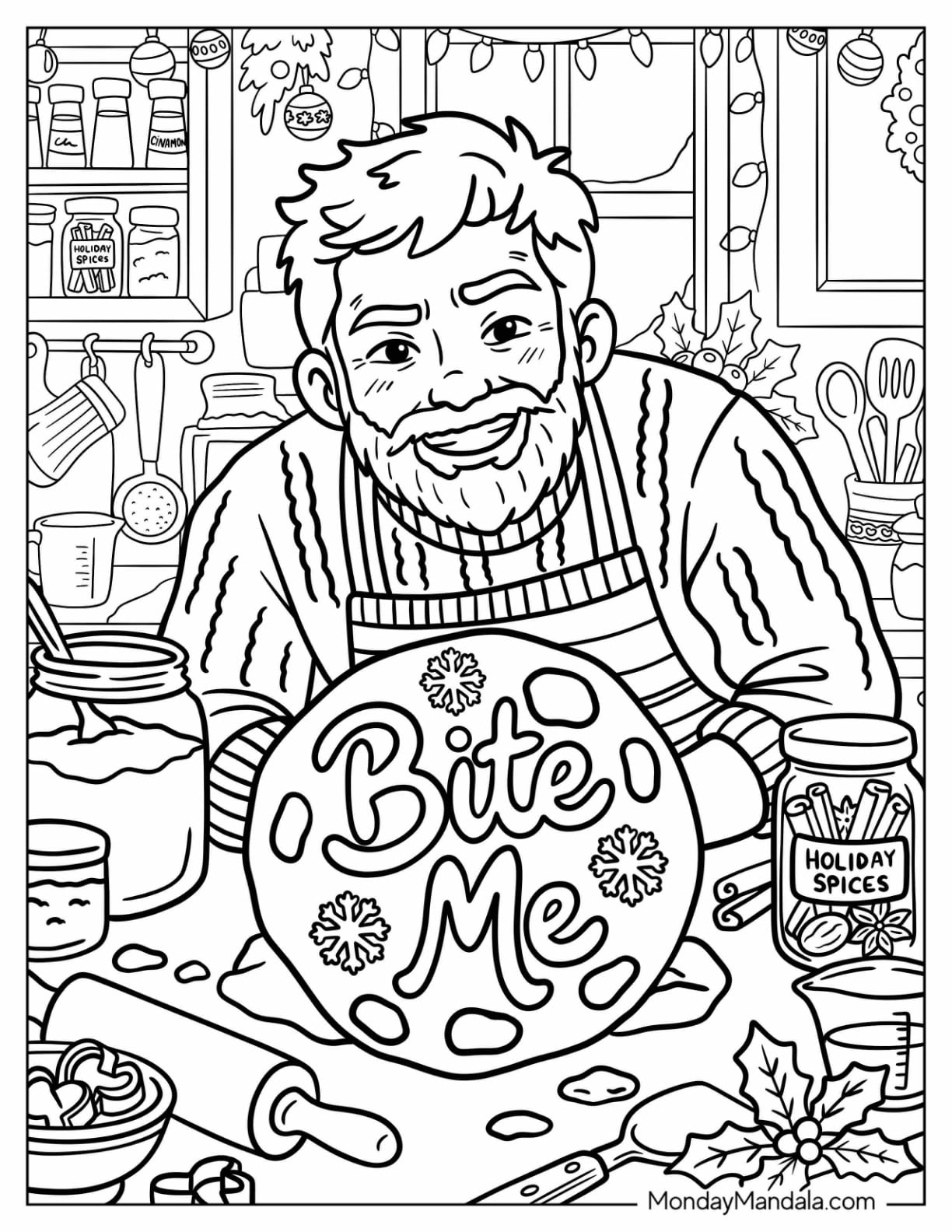 Smiling Grandpa Baking in a Messy Kitchen Christmas Coloring Page for Adults