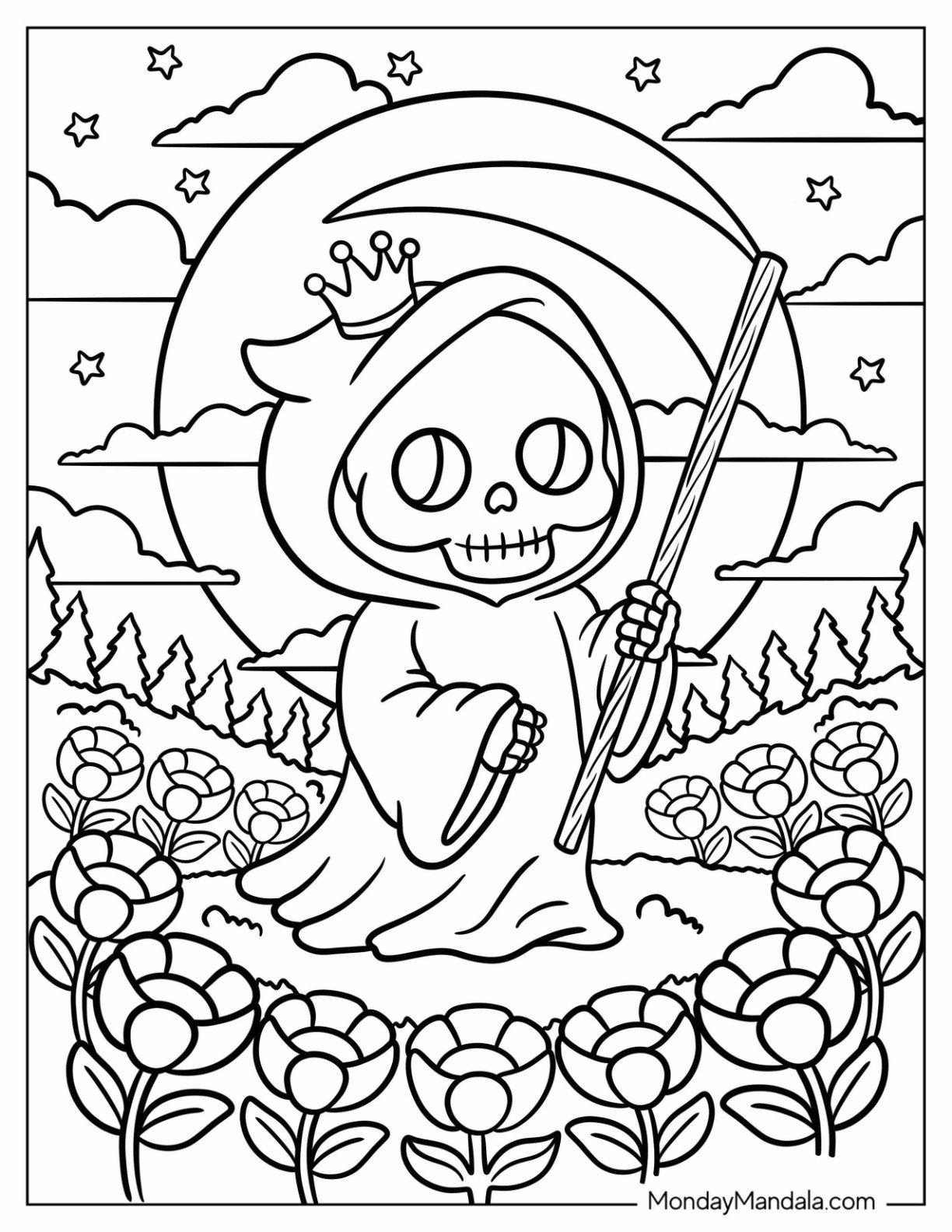 Smiling Grim Reaper Coloring Page with Crown Standing in Flower Field on Starry Night