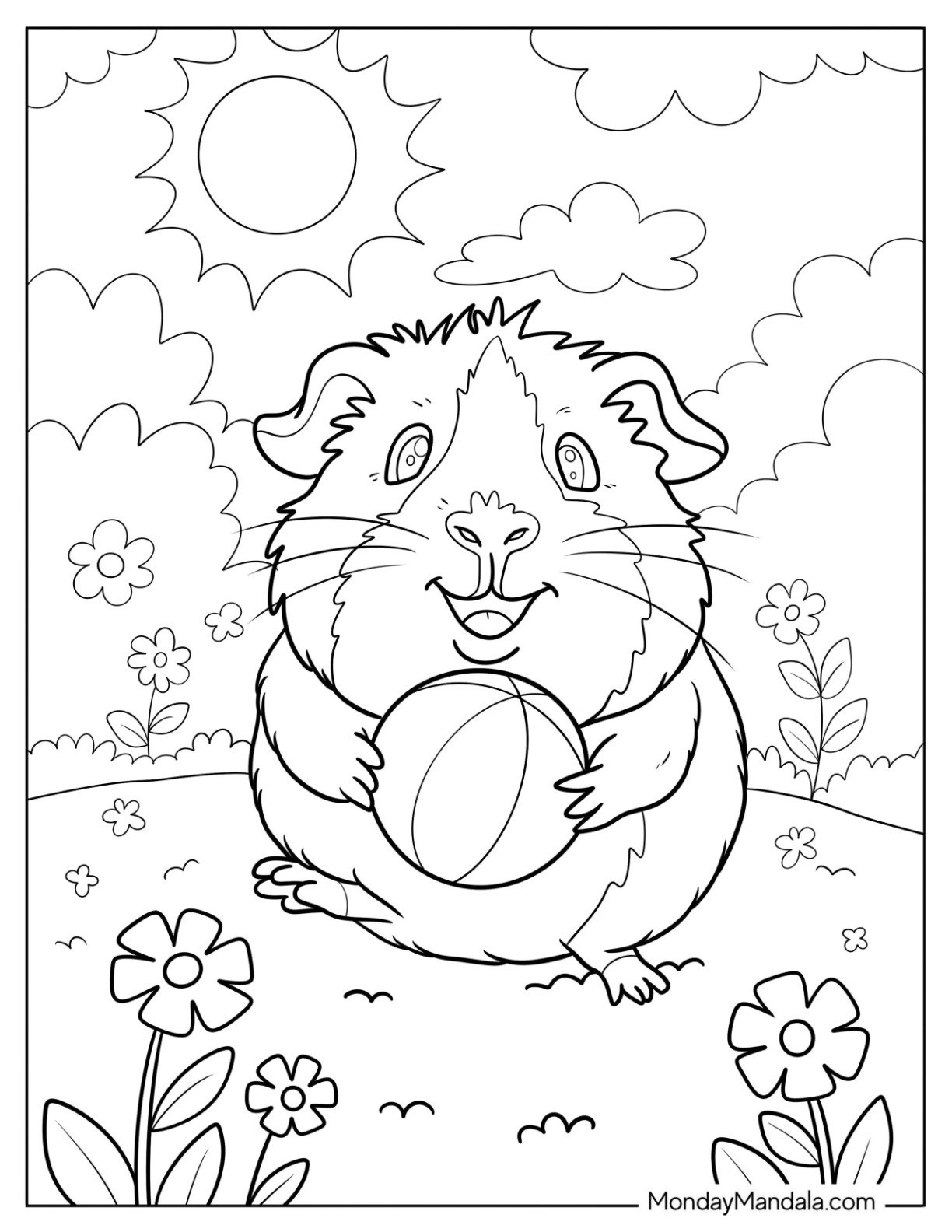 Smiling Guinea Pig Coloring Page Enjoying a Sunny Day with a Ball