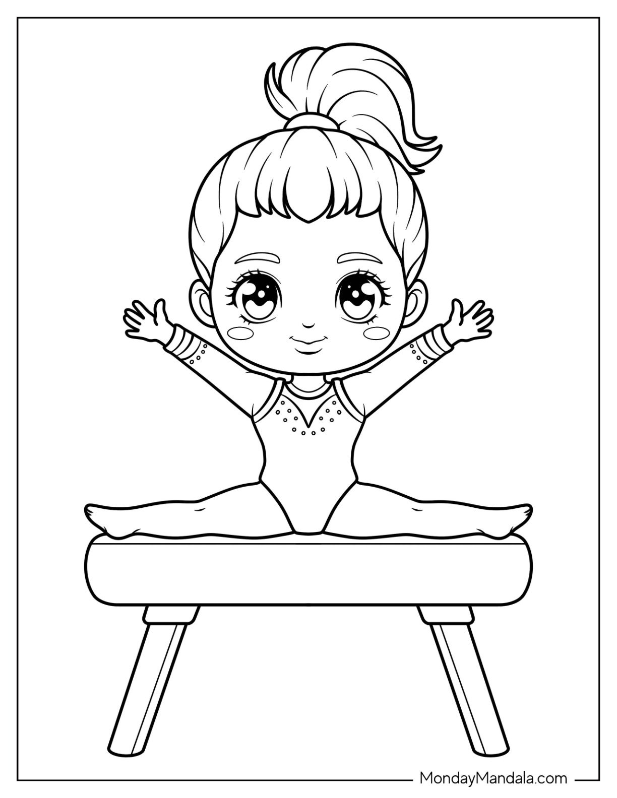 Gymnastics Coloring Page of Smiling Gymnast in Sparkly Leotard Doing a Split on the Beam for Kids