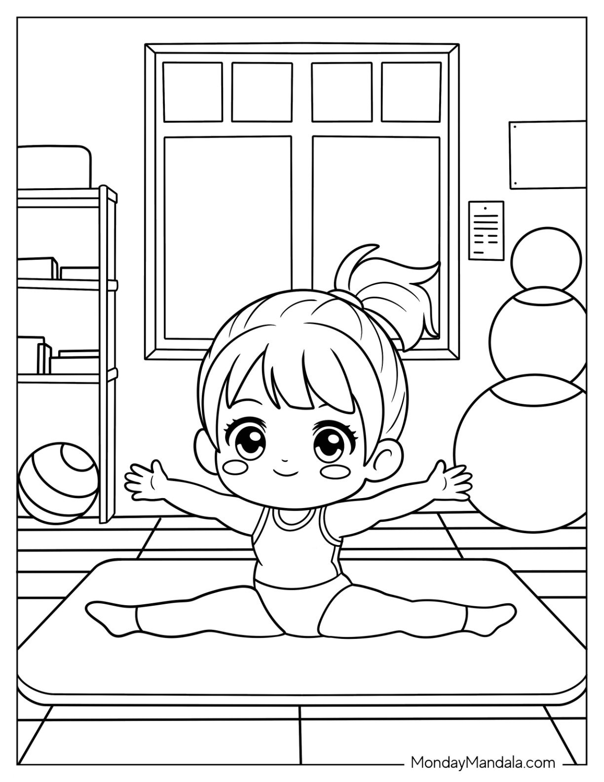 Gymnastics Coloring Page of Smiling Gymnast in Training Outfit Doing a Perfect Split on Mat in Gym Room for Preschoolers