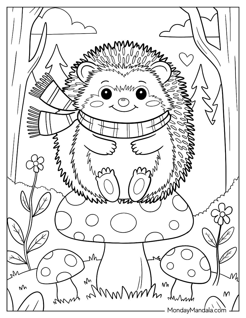 Smiling Hedgehog Coloring Page Sitting on Large Mushroom