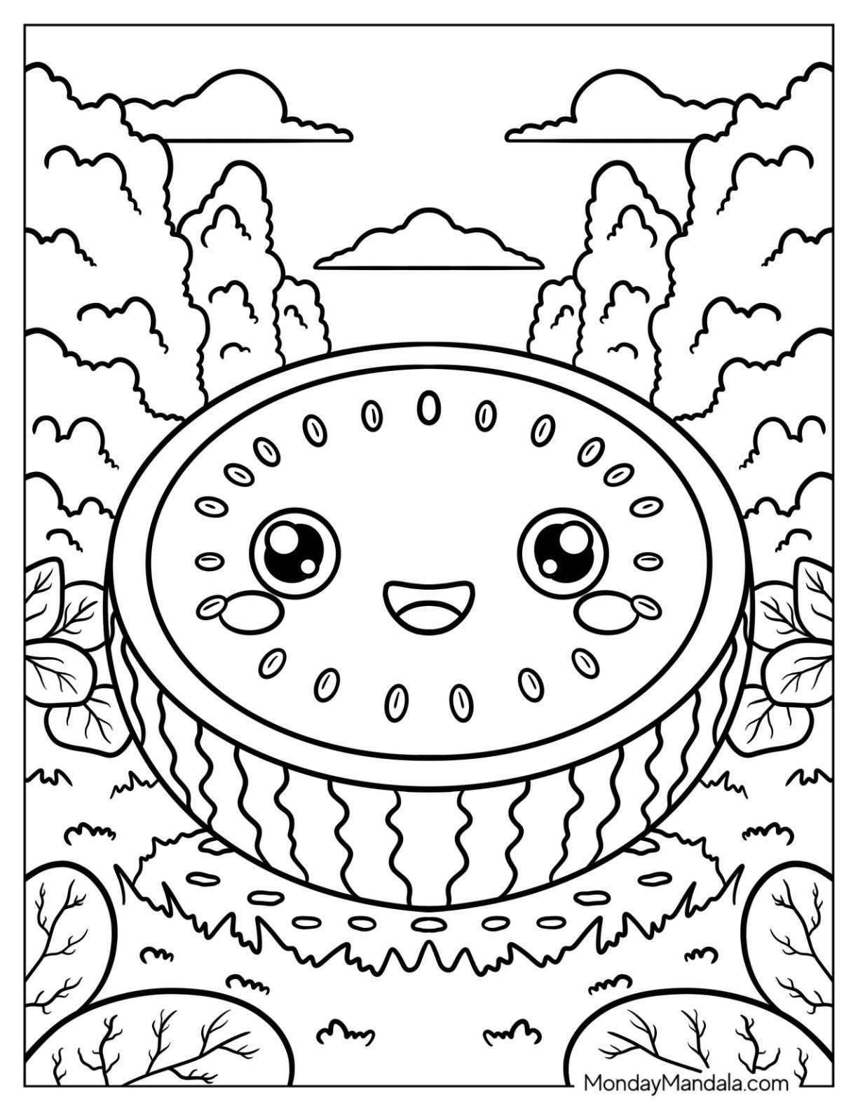 Smiling Kawaii Watermelon Coloring Page Sitting in a Sunny Garden for Kids