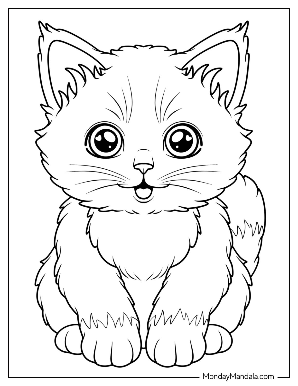 Smiling Kitten Coloring Page with Messy Fur for Preschoolers