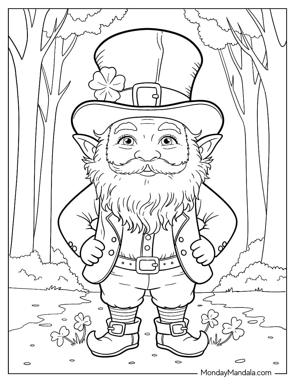 Smiling Leprechaun Coloring Page Standing In The Forest