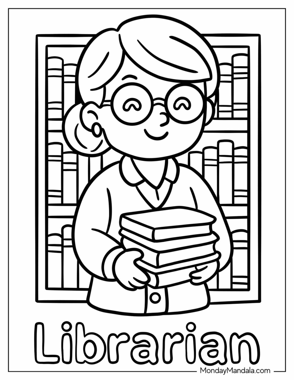 Smiling Librarian Holding Books in Front of Library Coloring Page Shelves for Kids