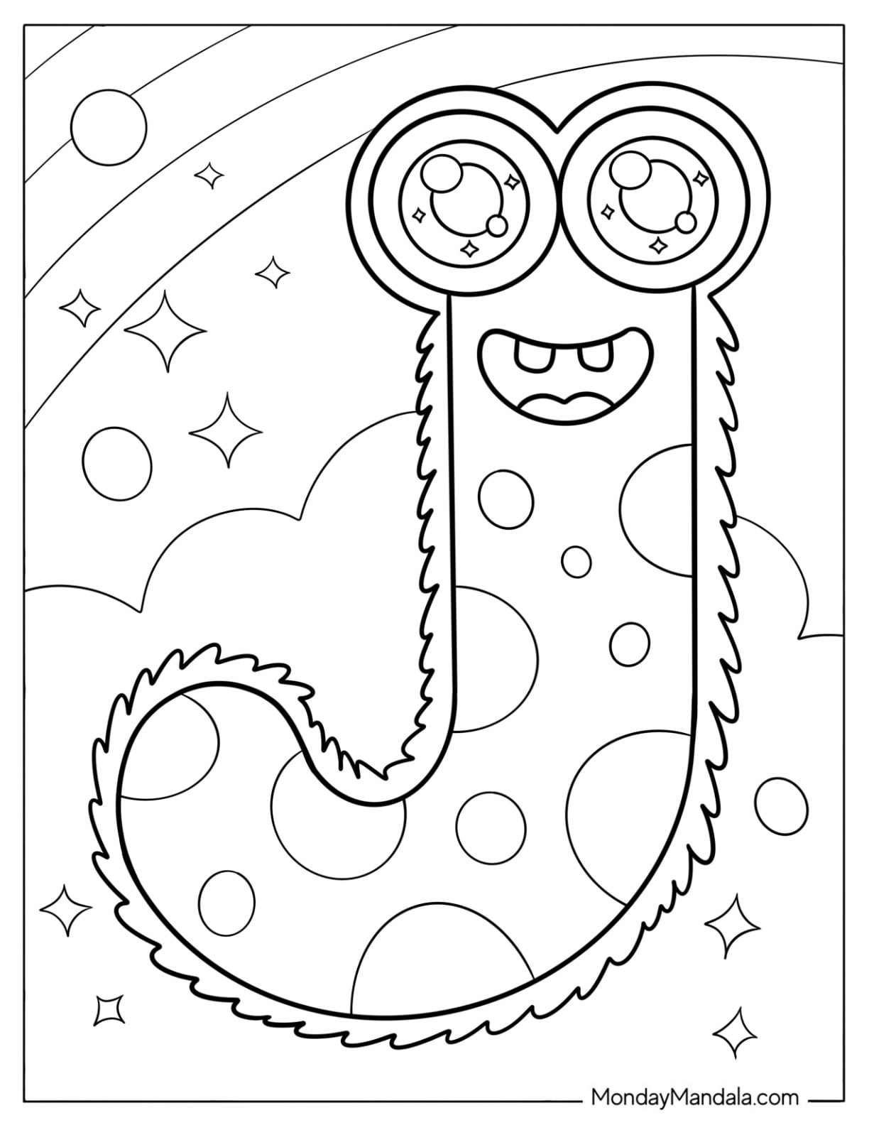 Smiling Monster Letter J Coloring Page in the Sky for Preschoolers