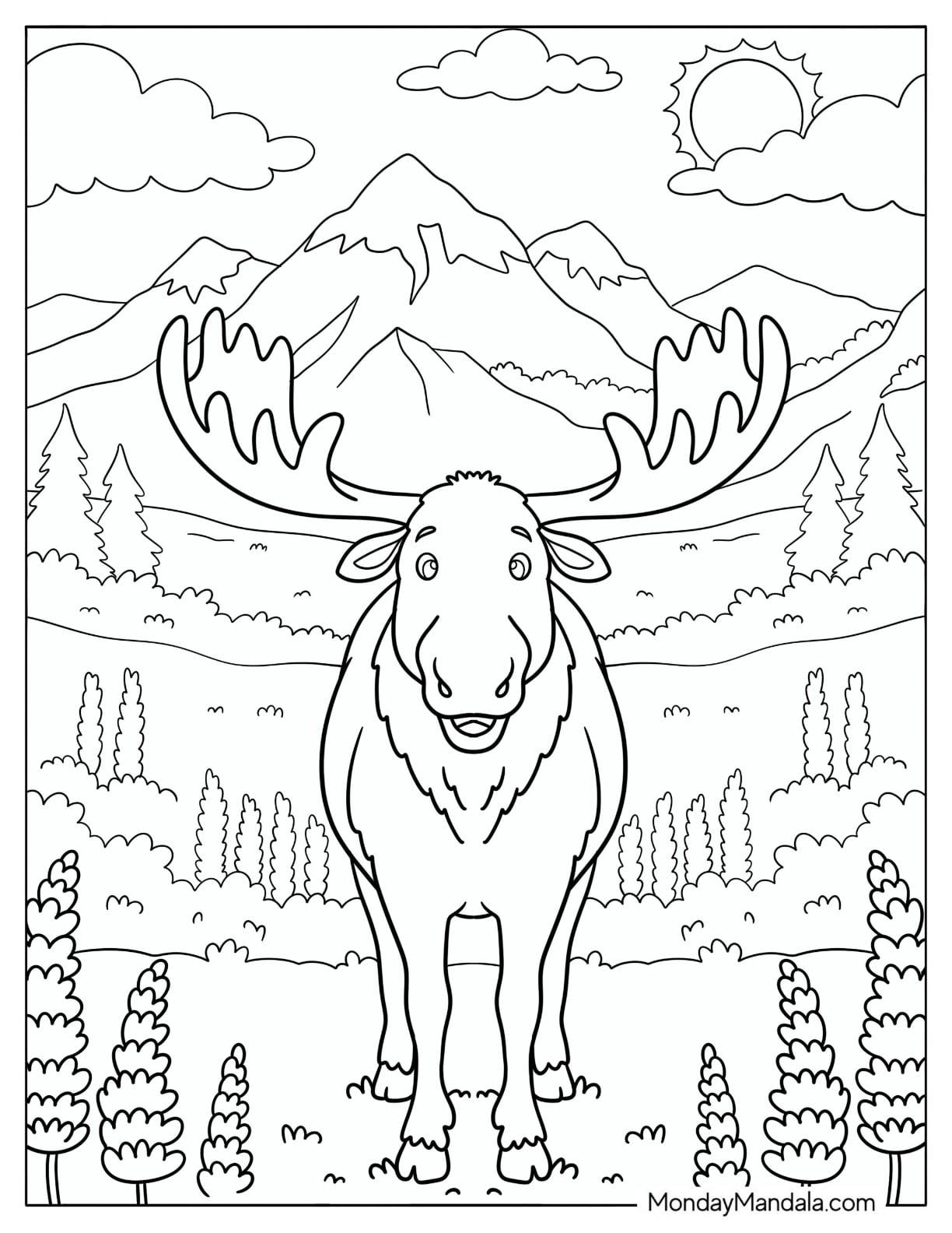Smiling Moose Standing in a Mountain Meadow Coloring Page