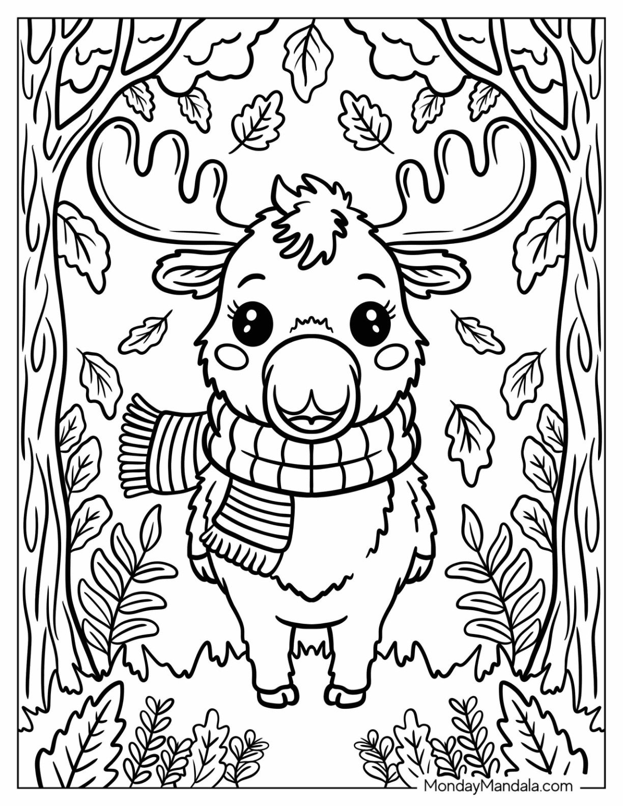 Smiling Moose in Scarf Under Falling Leaves Coloring Page