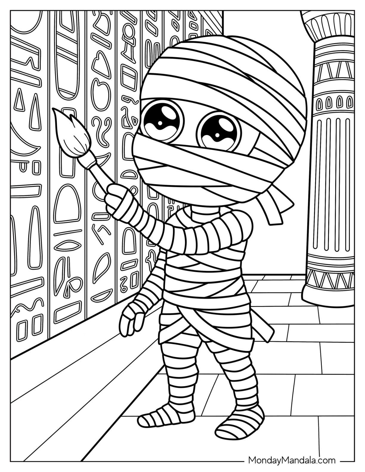 Smiling Mummy Coloring Page Drawing Ancient Symbols in Temple for Preschoolers