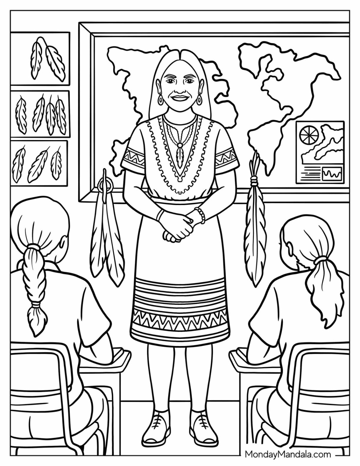 Smiling Native American Coloring Page of Teacher Wearing Traditional Dress in Classroom