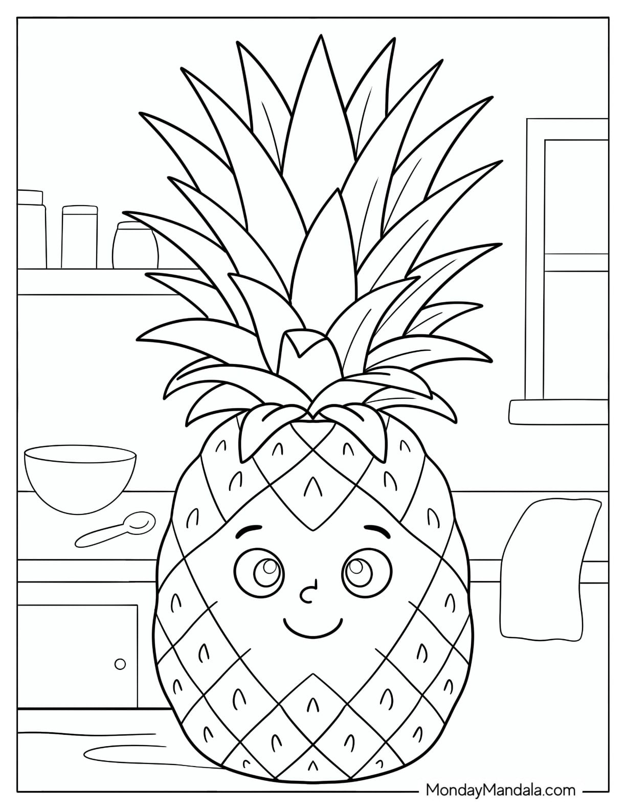 Smiling Pineapple in a Kitchen Coloring Page