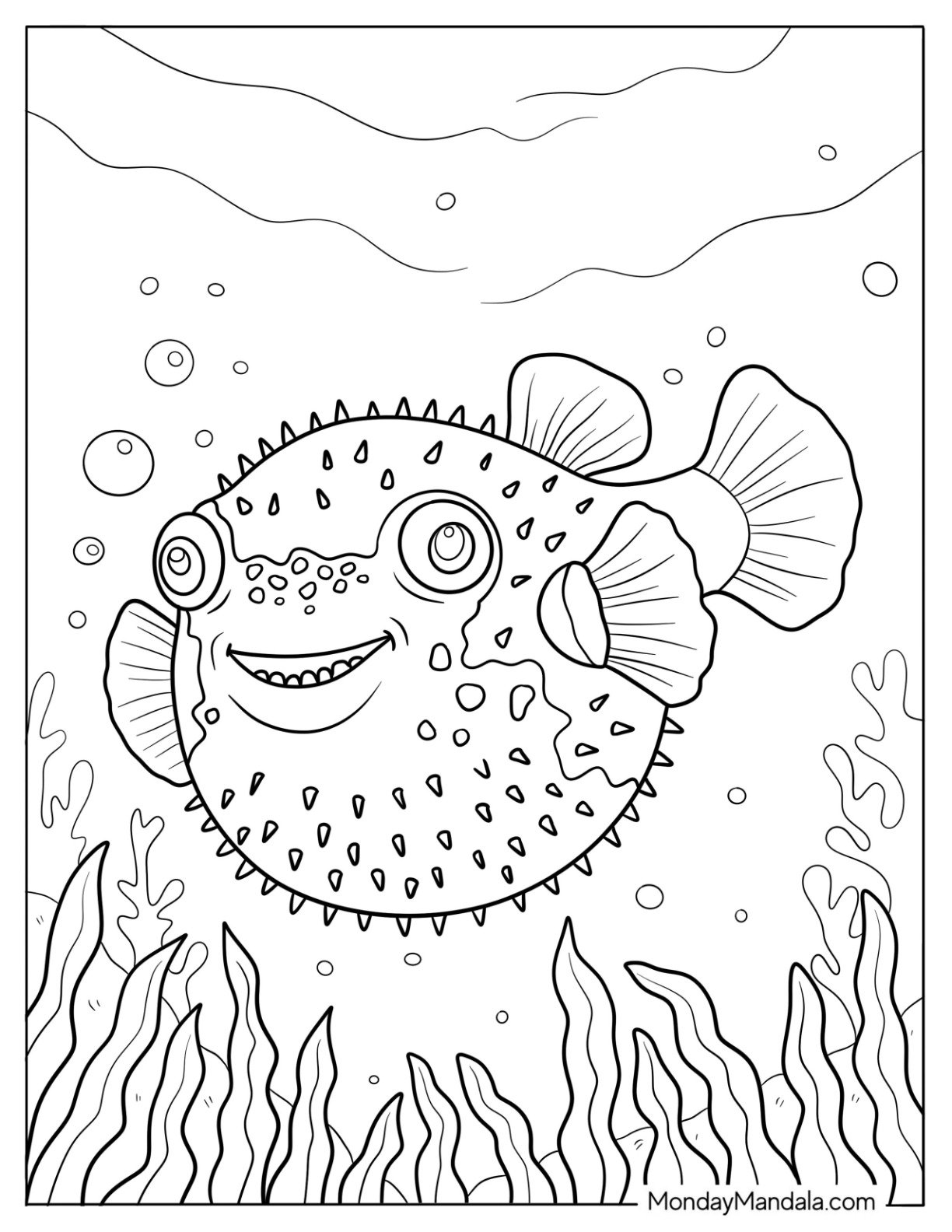 Fish Coloring Page of Smiling Pufferfish Swimming Above Seaweed