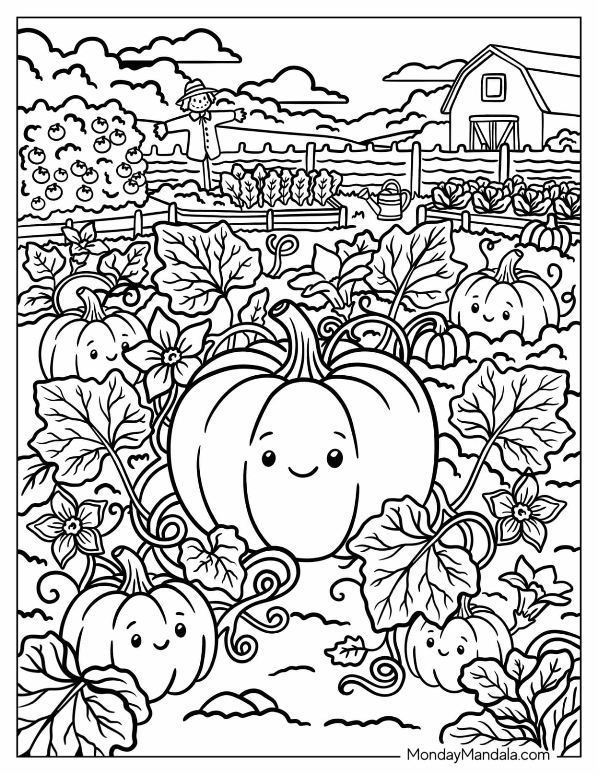 Smiling Pumpkins in a Leafy Pumpkin Patch Coloring Page