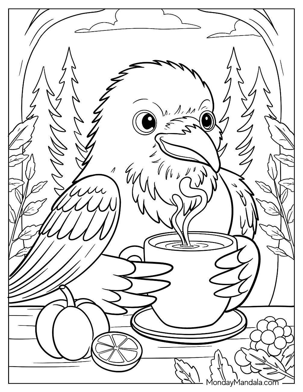 Smiling Raven Coloring Page Holding a Cup of Tea in the Forest