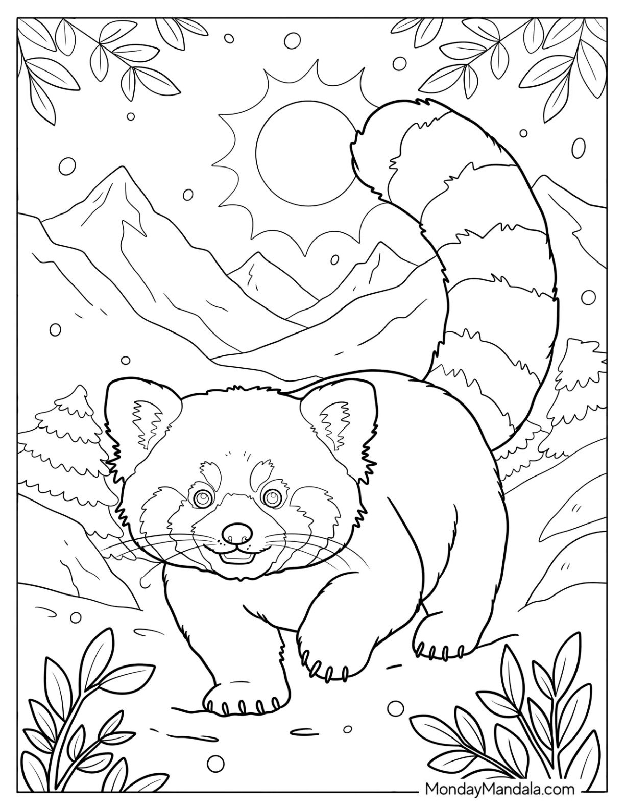 Smiling Red Panda Coloring Page Walking on Mountain Terrain