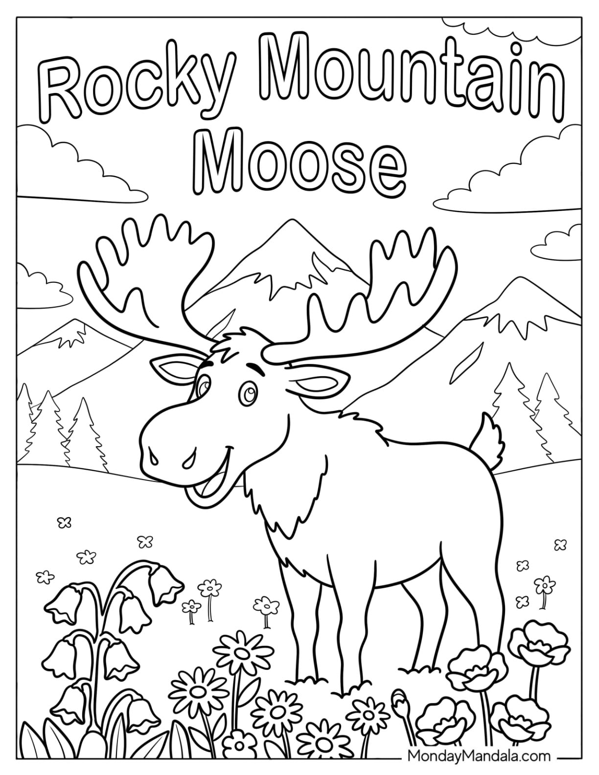 Canada Coloring Page of Smiling Rocky Mountain Moose in Alpine Meadow