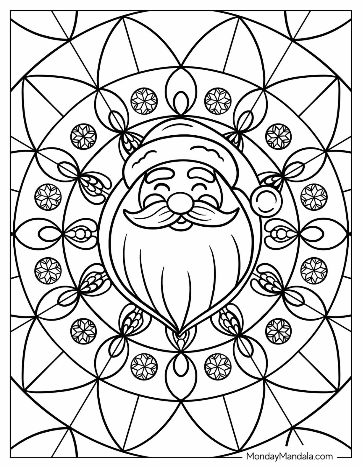 Smiling Santa Surrounded by Holiday Mandala Pattern