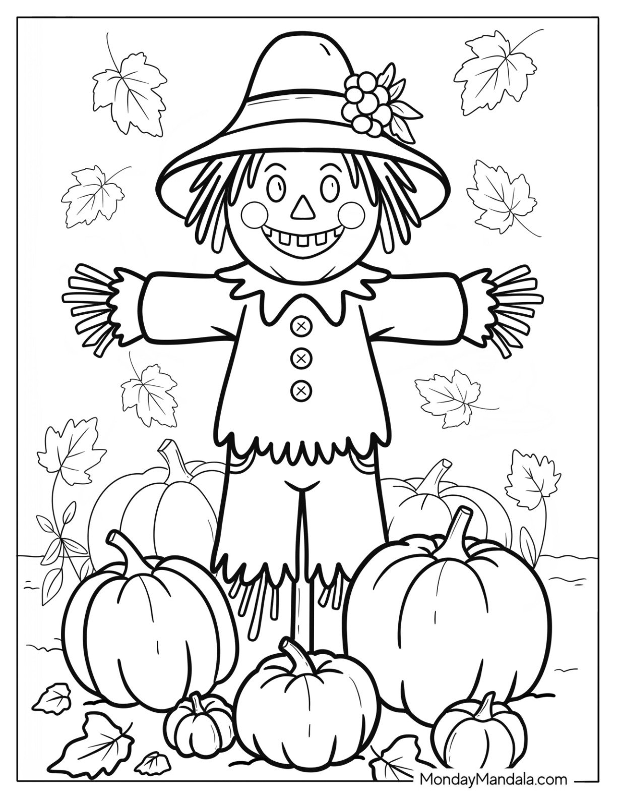 Farm Coloring Page of Smiling Scarecrow Standing Among Pumpkins and Falling Leaves Coloring Page for Kids