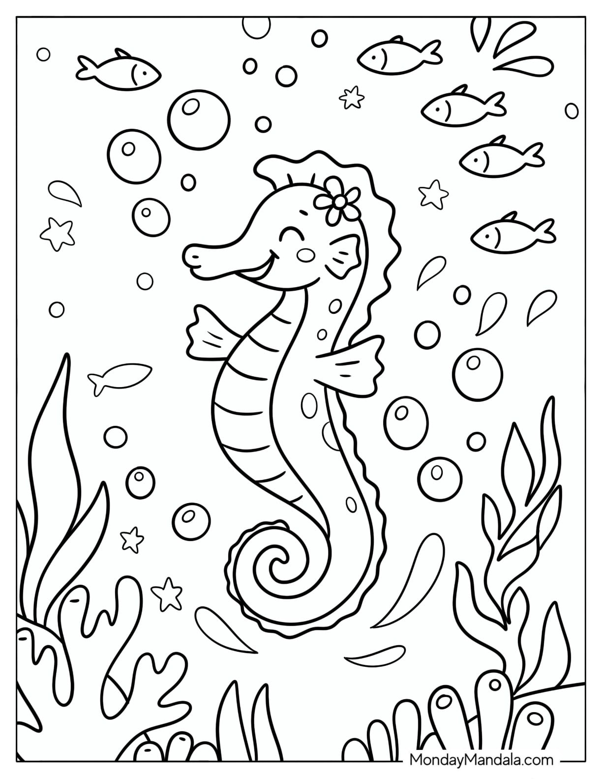 Smiling Seahorse Surrounded by Fish and Bubbles