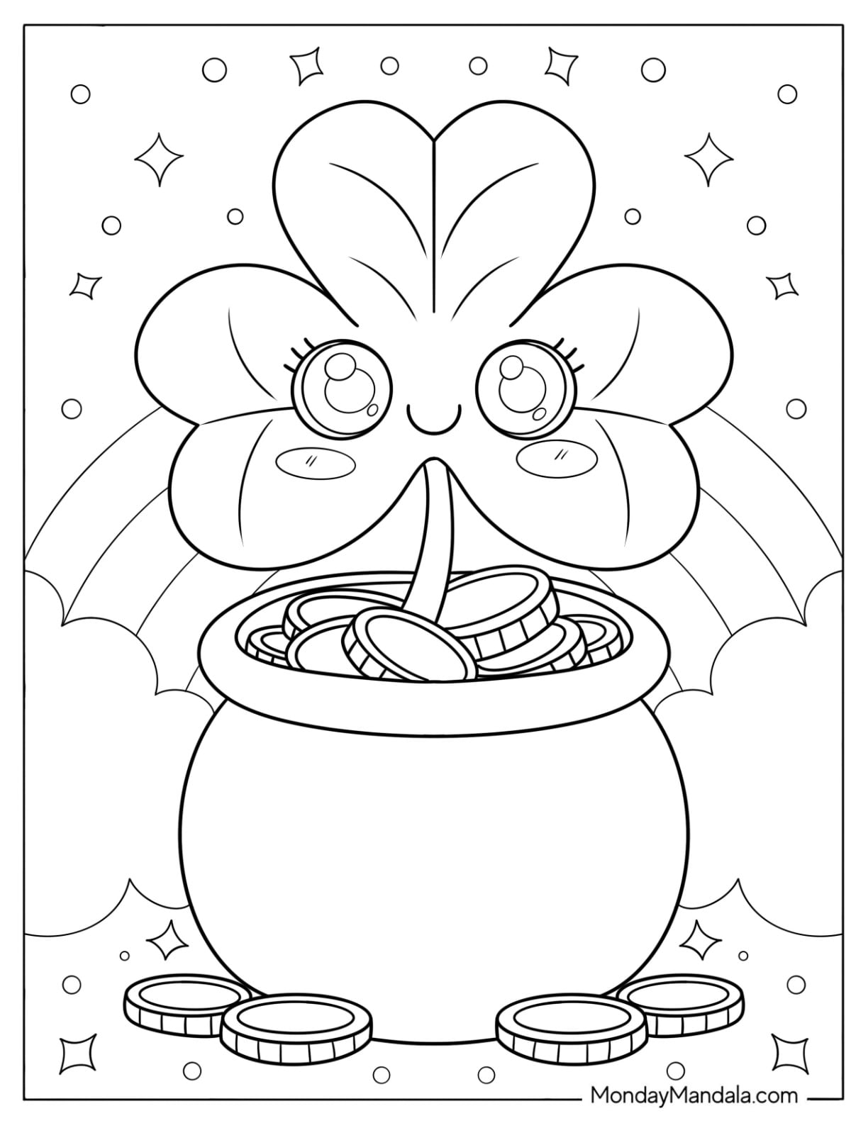 Smiling Shamrock Coloring Page in a Pot of Gold for Kids