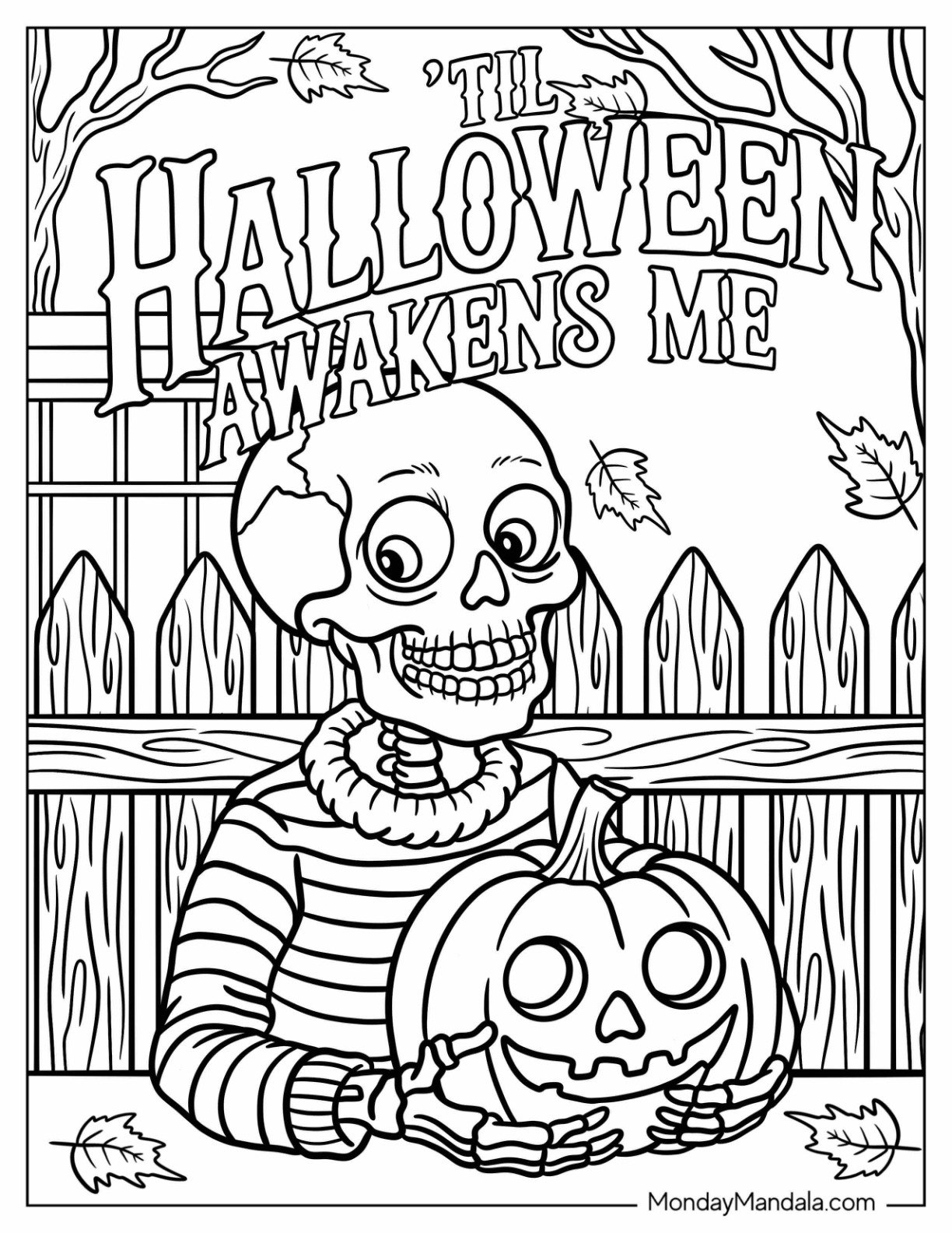 Smiling Skeleton Holding a Pumpkin with Autumn Leaves Halloween Coloring Page for Adults