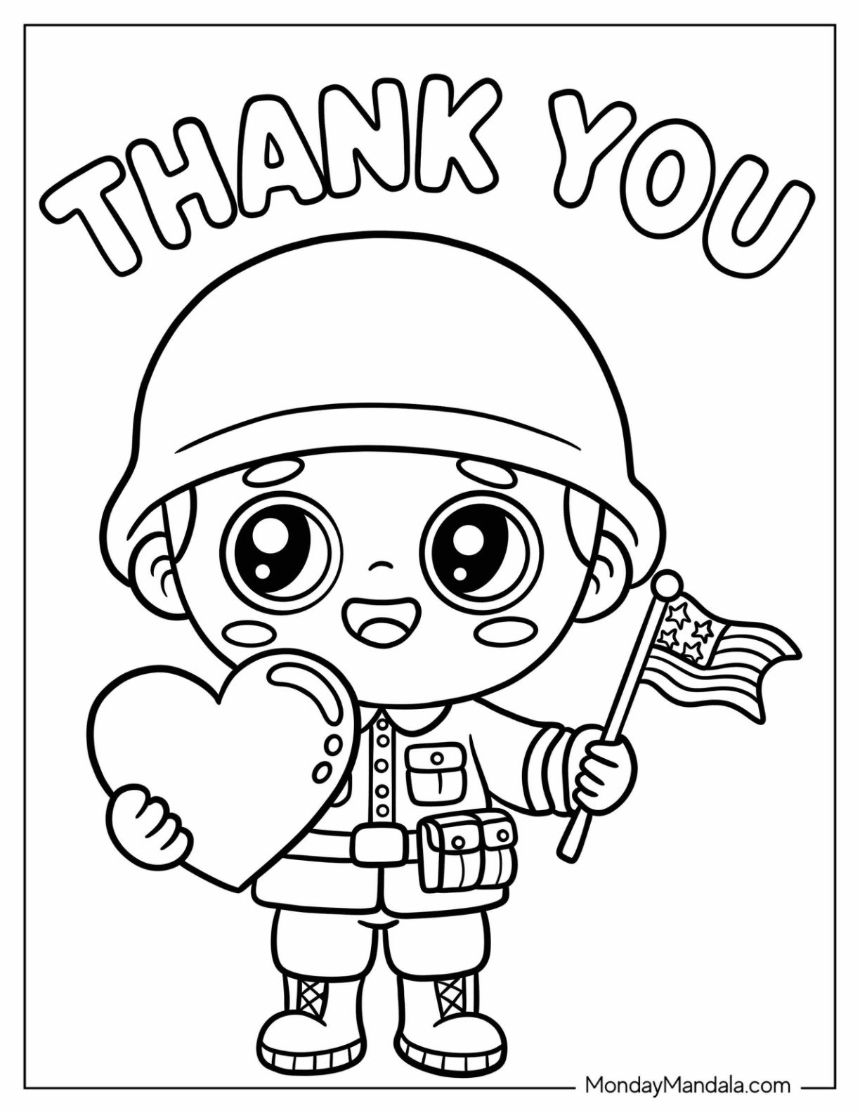 Memorial Day Coloring Page of Smiling Soldier Holding a Heart and American Flag with ‘Thank You’ Text for Preschoolers